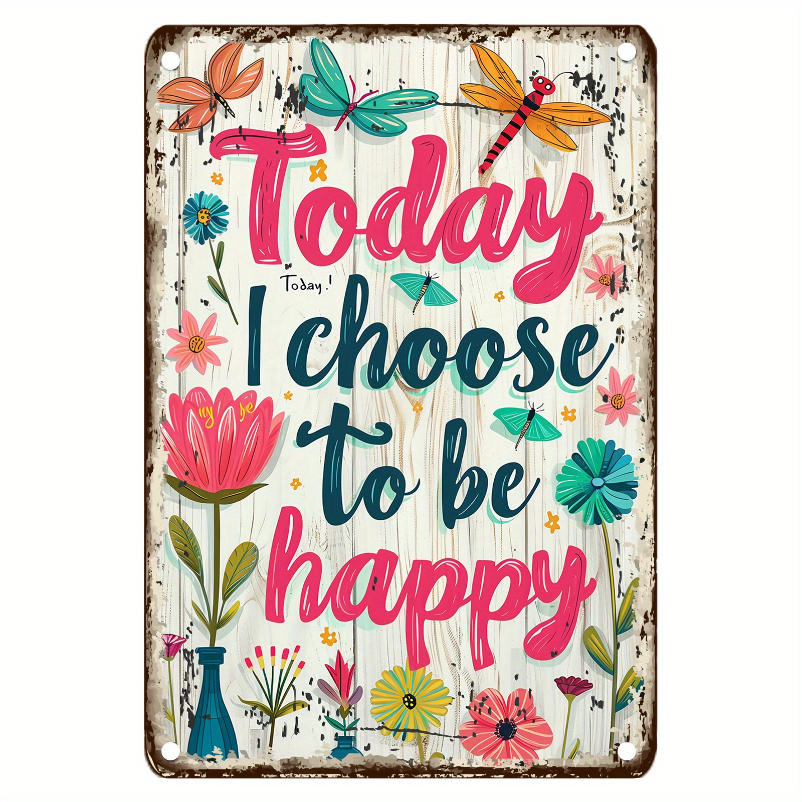 TEMU 2d Flat, 1pc Vintage "today " Metal Tin Sign - Rustic 8x12 Inch Inspirational Wall Art With Colorful Flowers & Butterflies, Durable Tinplate