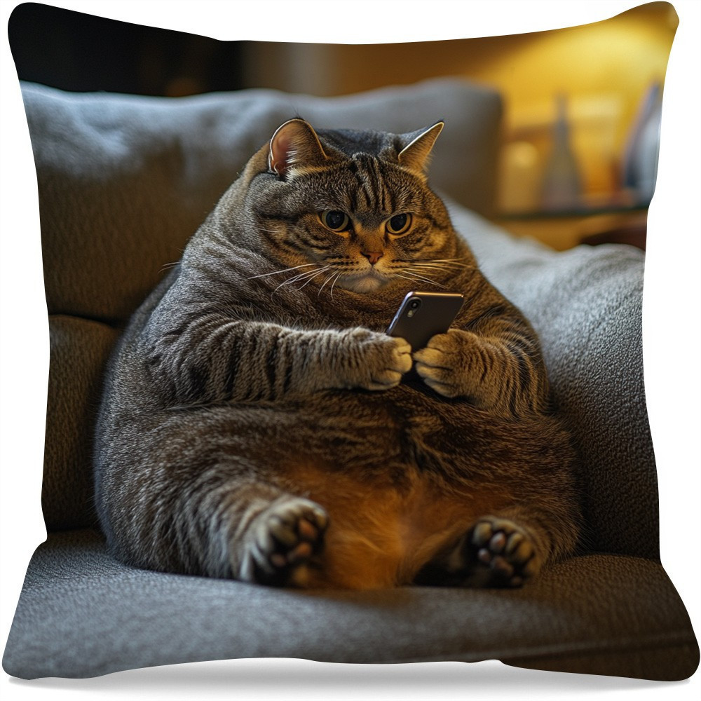 TEMU 1pc Cozy Cat Using Smartphone Design Pillow Cover, Soft Polyester Plush Fabric, Single-sided Print, 17.72x17.72 Inches, Zipper Closure, Machine