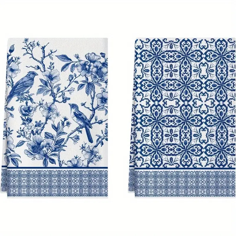TEMU Of 2 Kitchen Towels Featuring A Blue And White Porcelain Design With Floral And Bird , Made From Polyester Fiber. Perfect For Spring And Summer