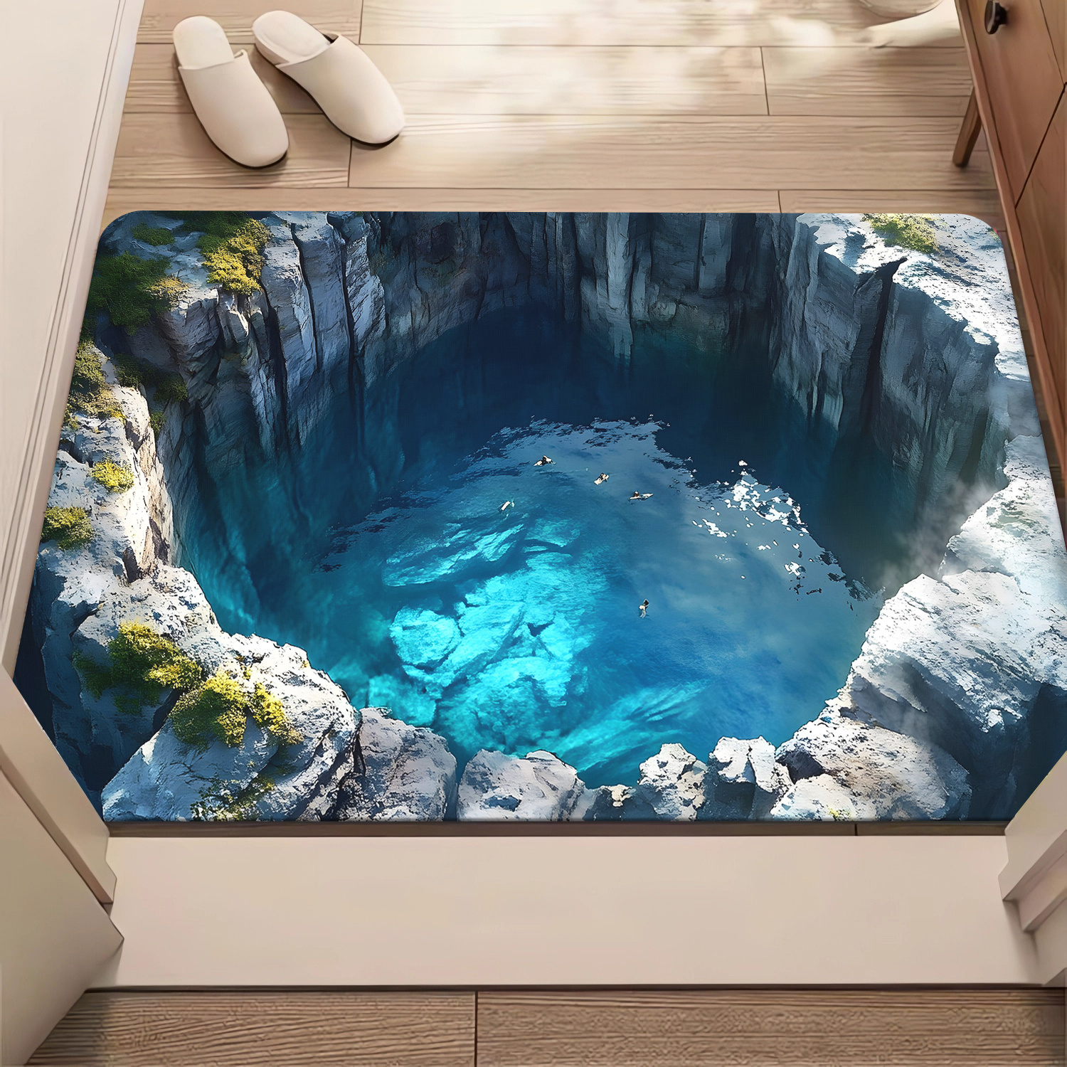 TEMU 2d Flat 1pc Illusion Cave Door Mat, Non-slip Bathroom Floor Mat, Microfiber Absorbent Machine Washable Polyester Rug For Bedroom, Living Room