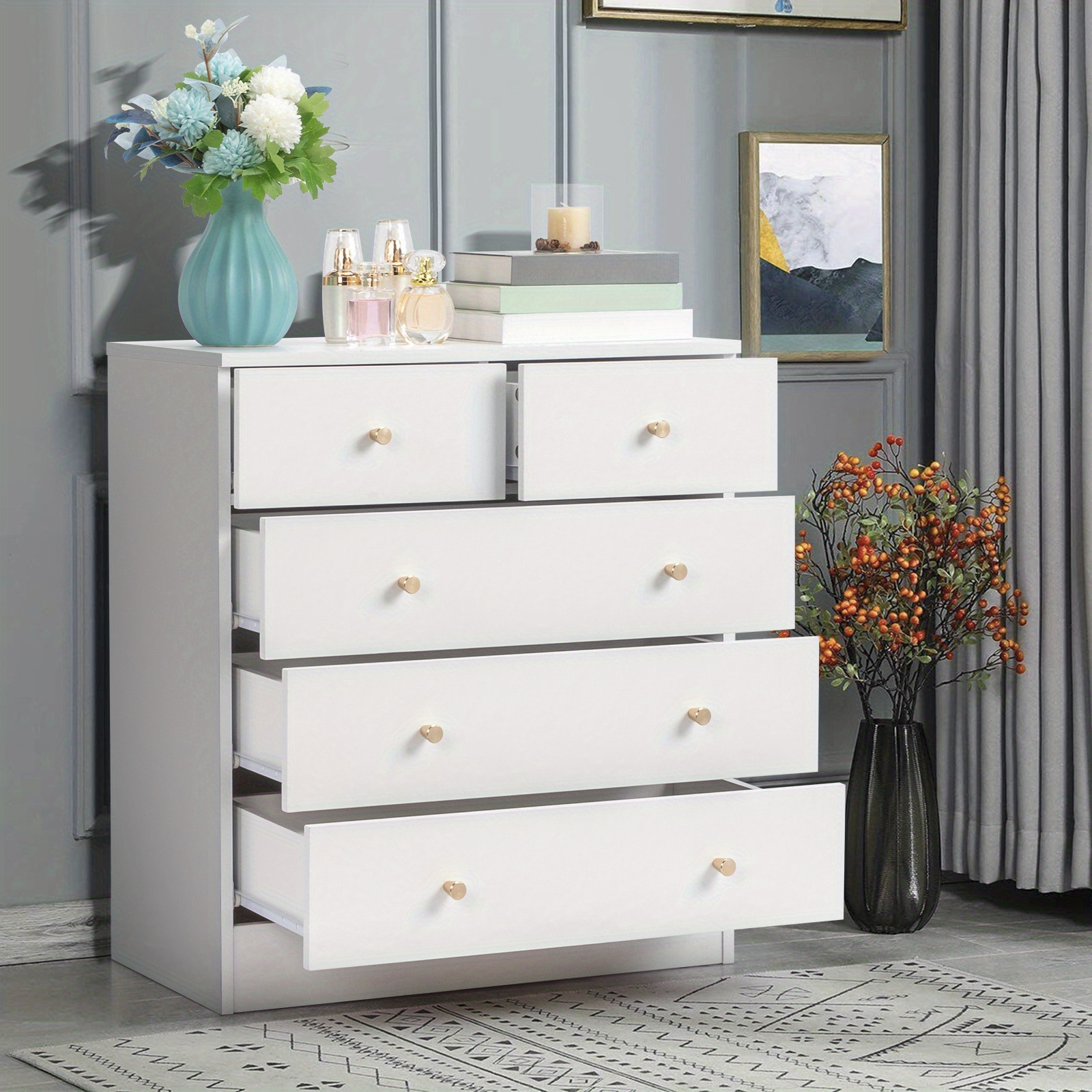 E-shop Moderne Kommode mit mattgoldenen Griffen, 4/5-Schubladen Holzkommode fürs Schlafzimmer, Mid-Century & Farmhouse Home Office Deko (Schwarz/Weiß),