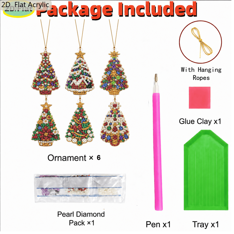 TEMU 2d Flat Acrylic 6pcs 10cm Christmas Diamond Painting Kits, Pearl Bead Hanging Ornaments, Assorted Xmas Tree Shaped Designs, Pre-attached Rope,