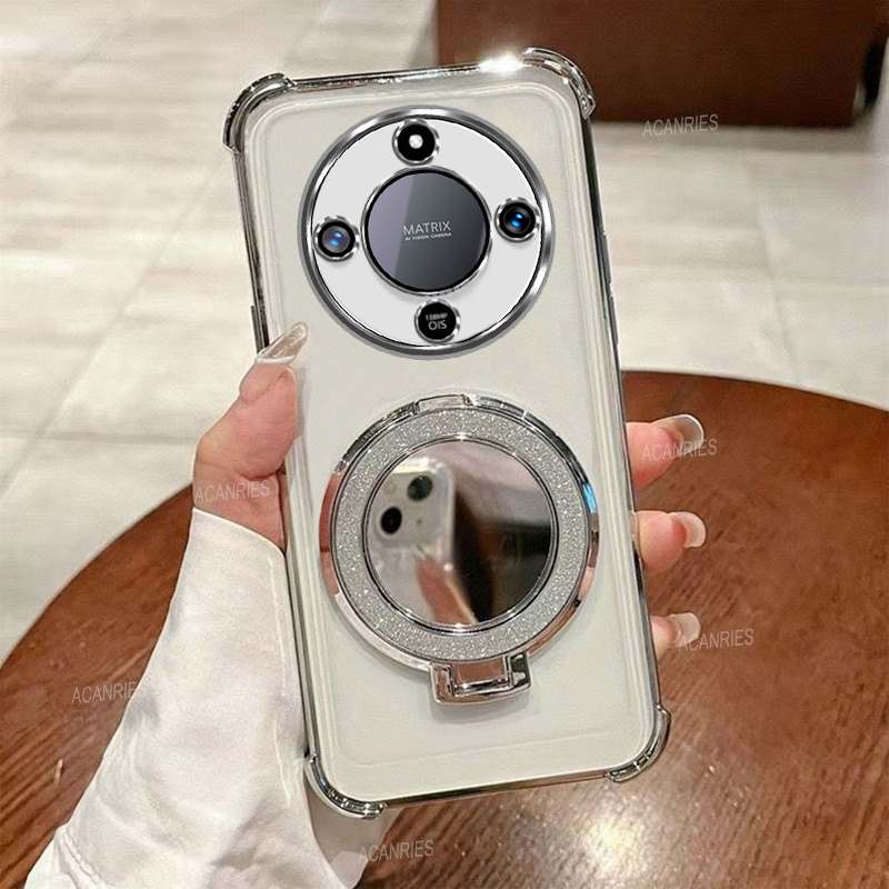 TEMU para Móvil: Carcasa Transparente con Espejo Circular y Soporte Magnético Anticaídas en Esquinas, Resistente a Impactos, para Huawei Honor