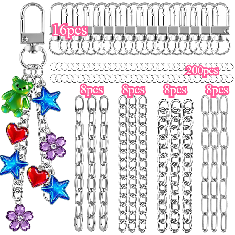 TEMU Kit de fabrication de porte-clés brillant à lèvres à double rangée de 248 pièces, comprenant 16 crochets porte-clés dorés/argentés, 32 chaînes