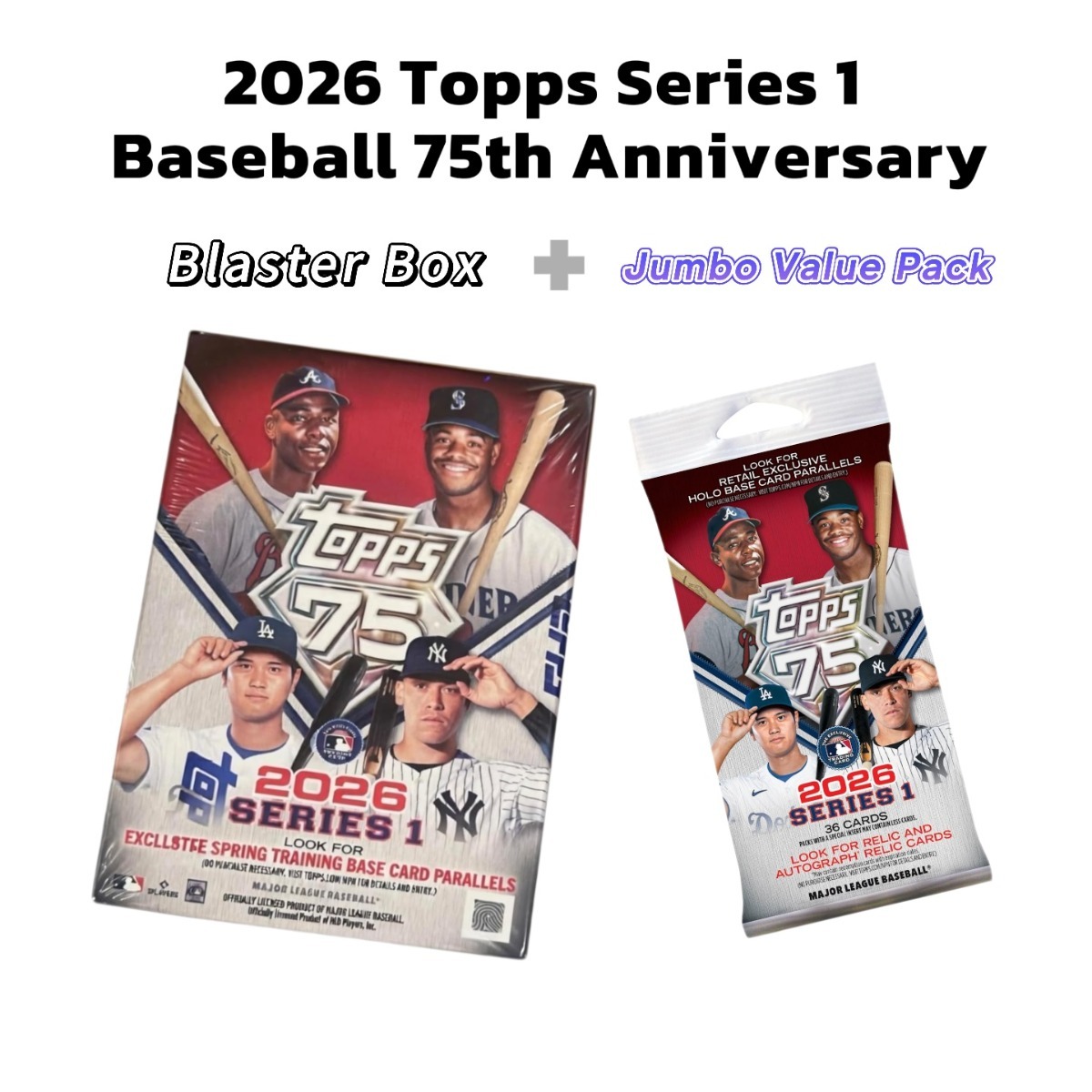 TEMU Boîte scellée de valeur Blaster de la série 1 Baseball 2026 Topps, 75e anniversaire (72 cartes) de valeur Jumbo (36 cartes)