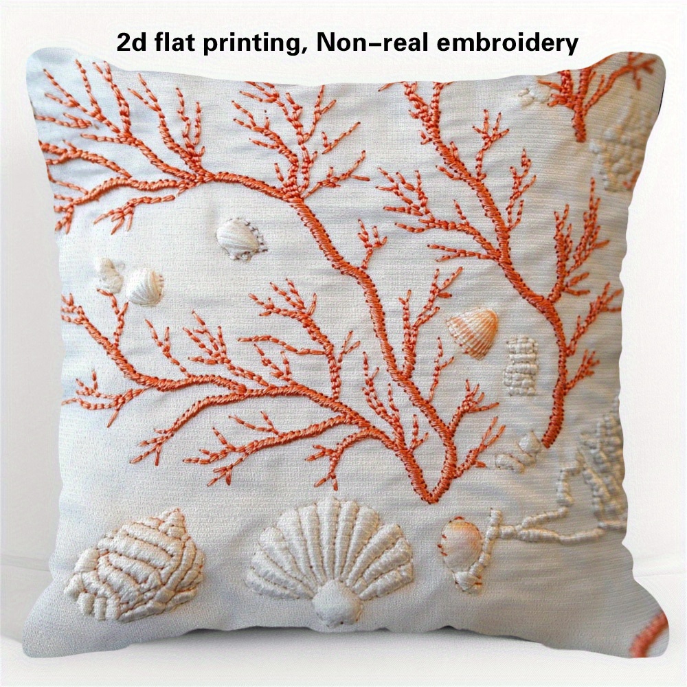 TEMU de almohada de terciopelo, 1 pieza, estilo curativo con bordado de coral y conchas , lavable a máquina, resistente a la decoloración, un para el