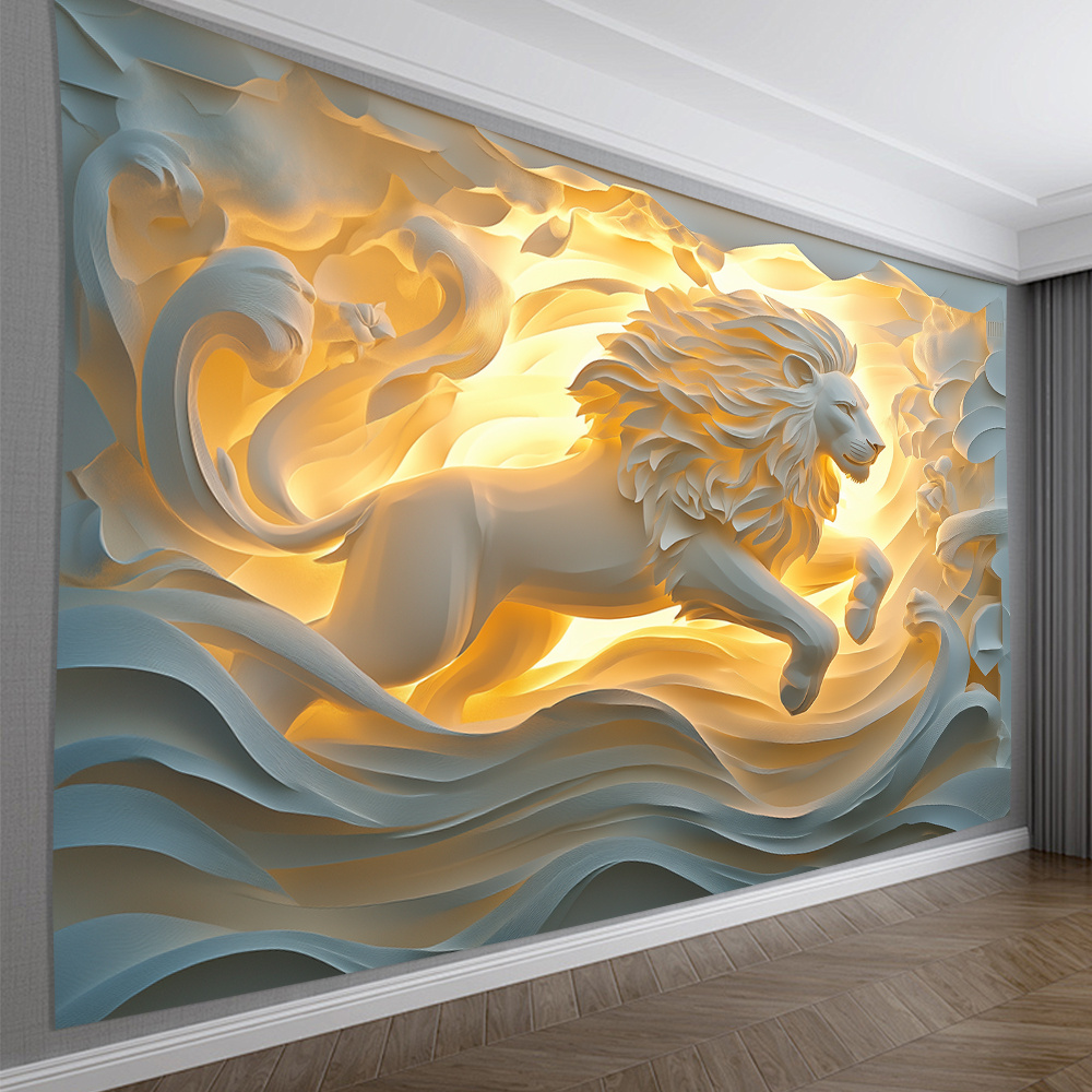 

3d Lion Wall Art Tapestry - Design In Blue And Golden, Polyester, Ideal For Living Room, Bedroom, Office, Party Decor, Perfect Creative Gift, Lion Wall Decor