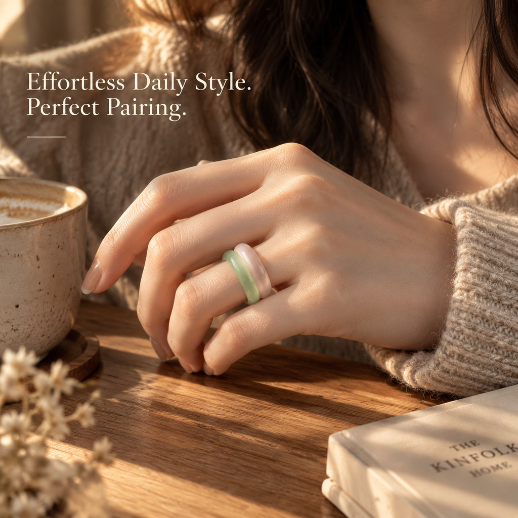 2pcs Pink & Green Agate Natural Stone Band Ring Set, Stackable