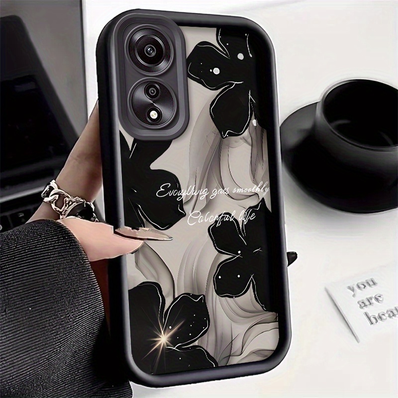 TEMU Phone Case - Phone Case Featuring A Black And White Ink Wash | Smoky Flower Motif | Includes Text And Glitter Details | Durable For Drop