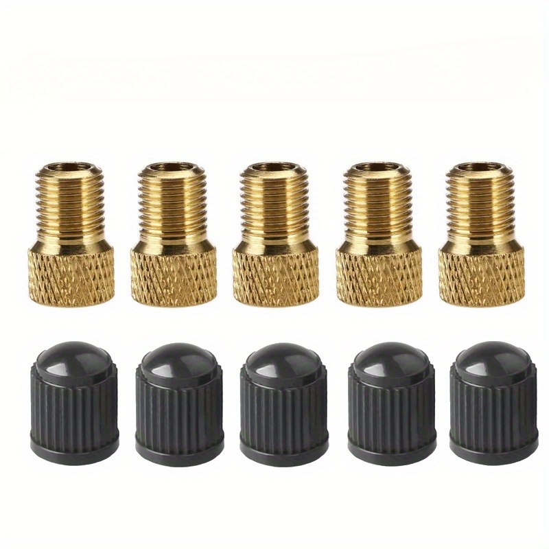 5 Copper Mesh Connectors + 5 Plastic Caps Bicycle Valve Adapter, Inflatable Tire Adapter, To Schrader, Brass Material Mtb Inflatable Connector With Valve Cap