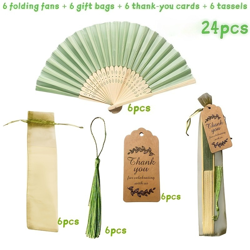 TEMU 24pcs Fabric Handheld Folding Fans With Thank You Card Tassels, Gift Bag Included, Green Wedding Hand Fans Party Favors, Green Folding Handheld