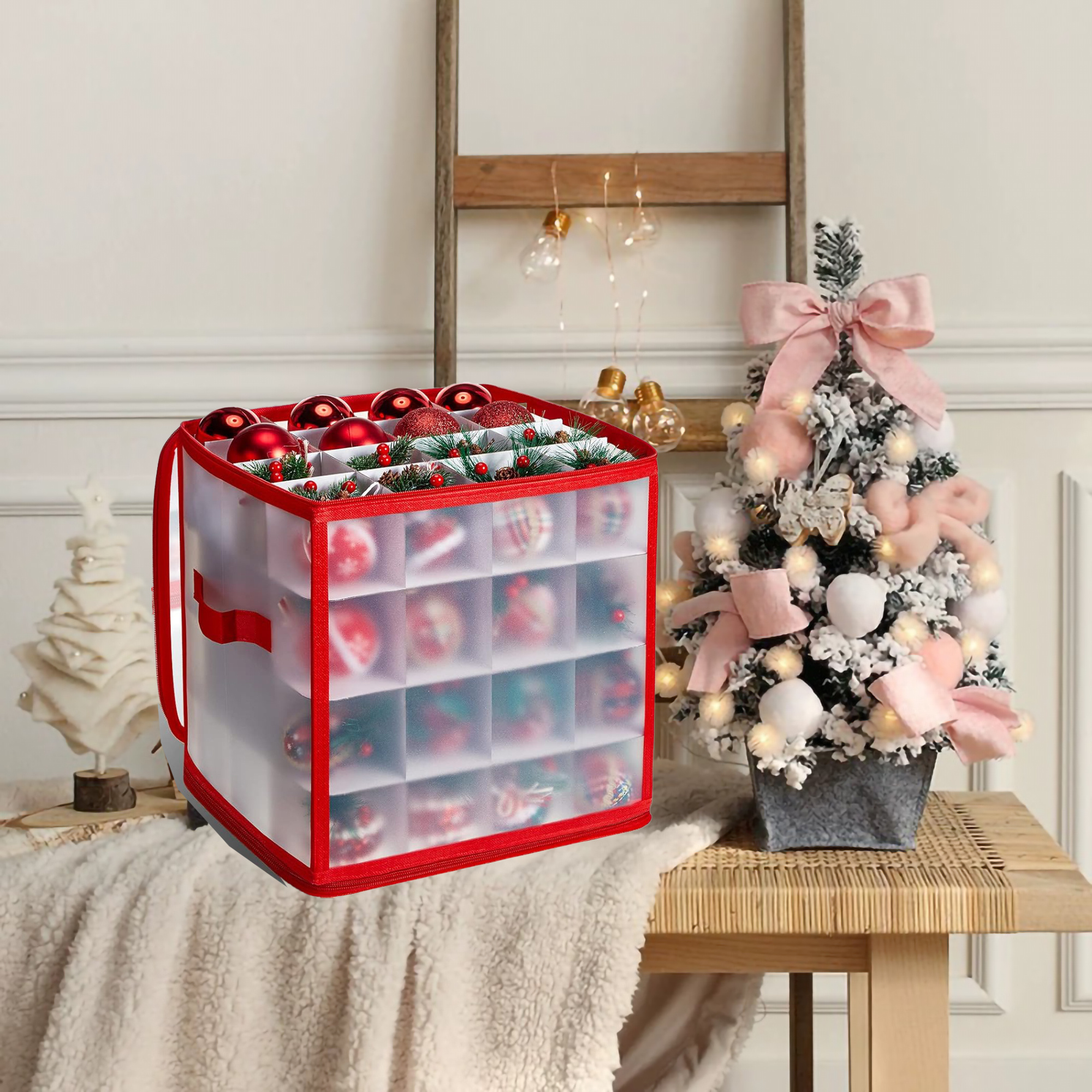 

1 Set Christmas Ornament Storage Box With Dividers, Premium Holiday Ornaments Storage Container Bin For Decorations, 64 Compartment Zippered Christmas Ornament Box Tote Chest, With Handles