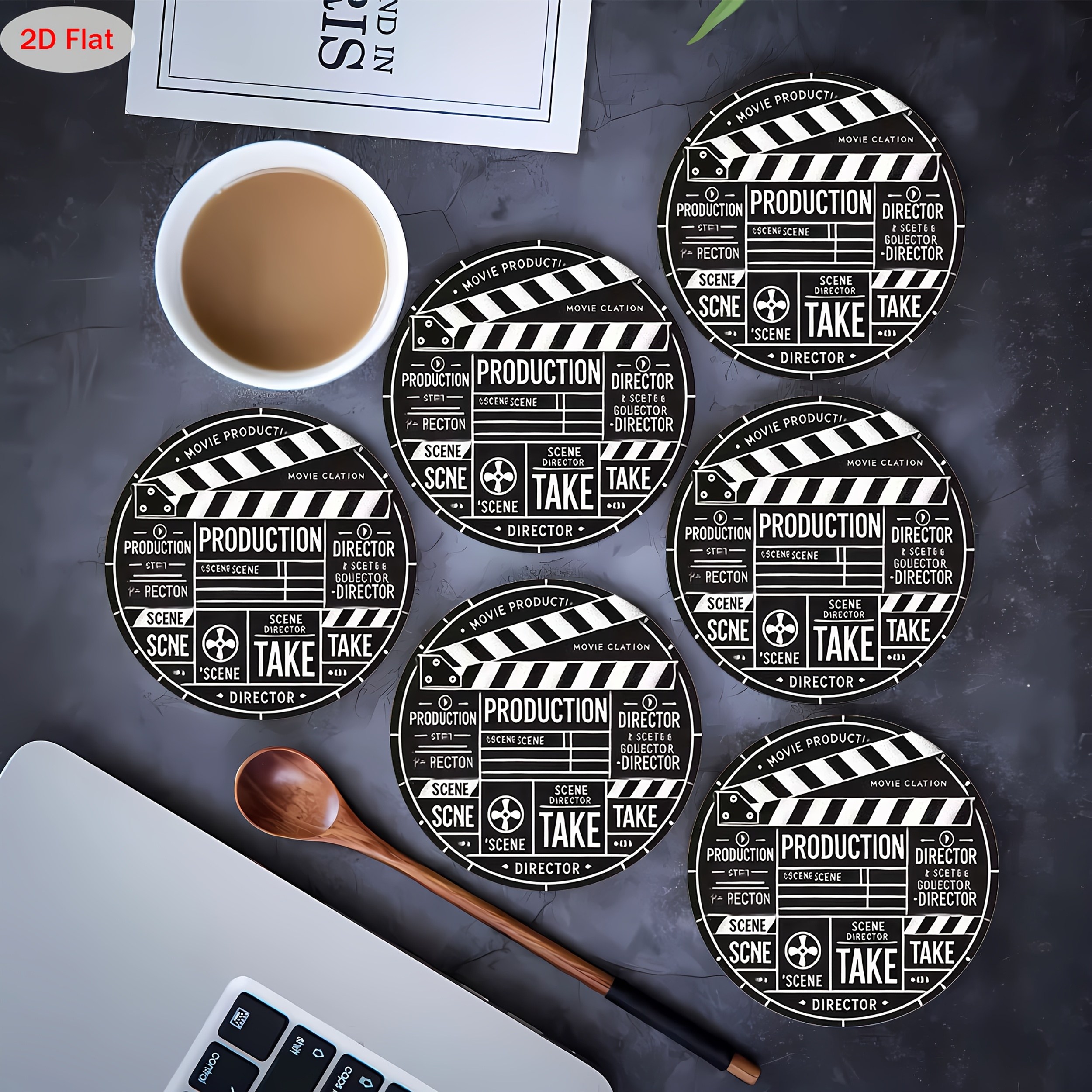 TEMU 2d Flat, 6pcs Set Of Absorbent Coasters With A Film Pattern, Made Of Wood, Suitable For Bars, Family Gatherings, Coffee Shops, Offices, , Home