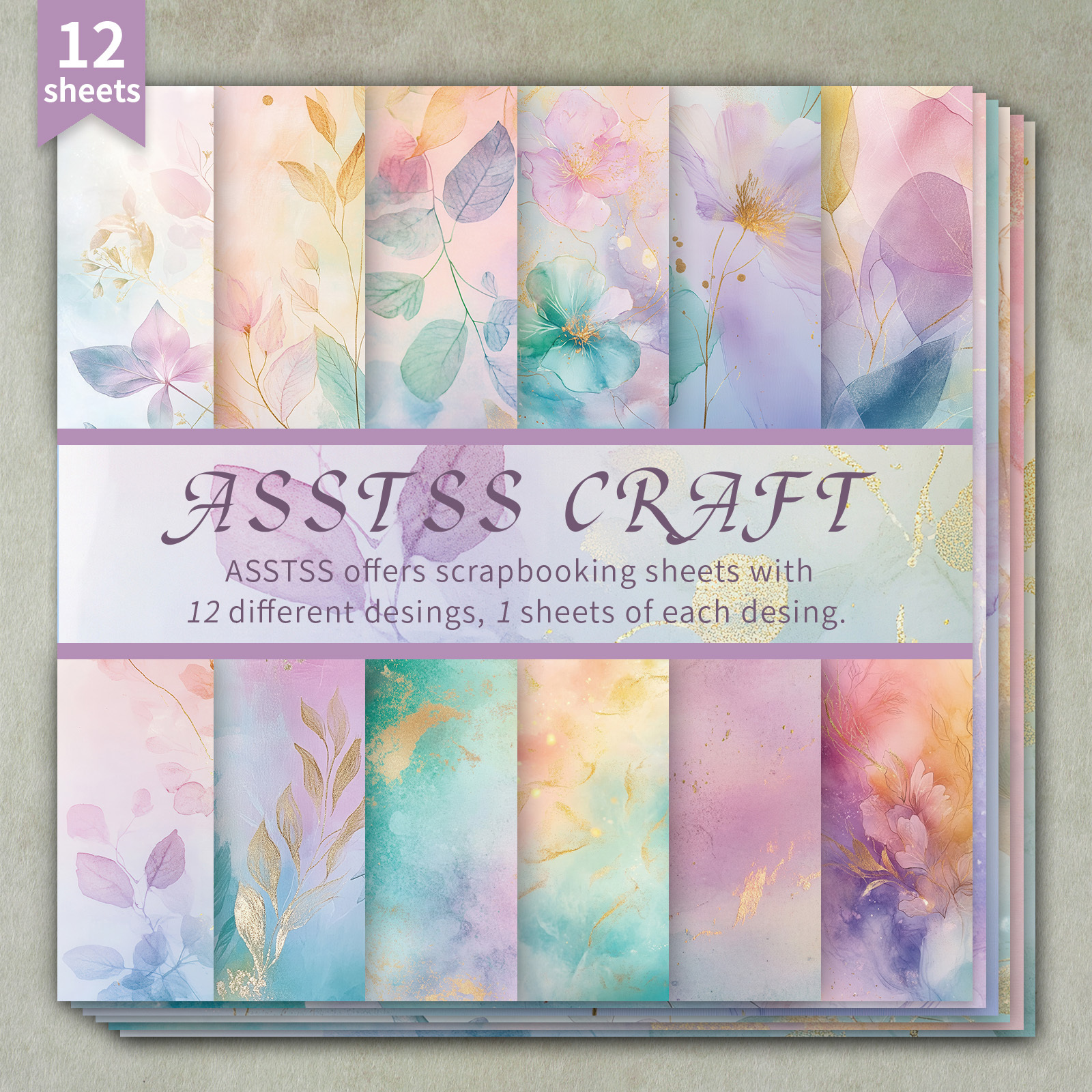 TEMU 12-sheet Asstss 6*6-inch Scrapbooking Paper Pad | Gilded Watercolor Floral Backing Paper Supplies, Heavyweight Cardstock For Journaling, Collage