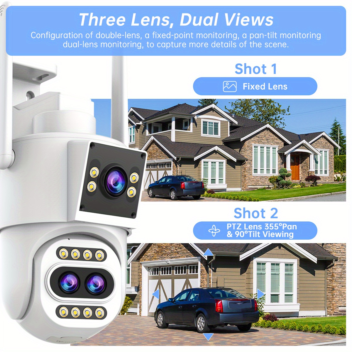 Full HD Wifi apsaugos kamera, 10X optinis priartinimas, PTZ su 3 objektyvais, IPX6, valdymas programėle, spalvotas naktinis matymas, dvipusis garsas, judesio aptikimas ir automatinis sekimas, namų apsaugos garso signalas, nuotolinis stebėjimas / išmanioji apsaugos įranga