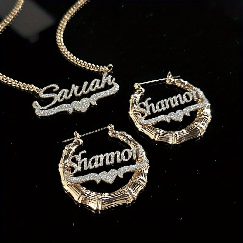 TEMU 2pcs Custom Name Jewelry Set, Custom Name Necklace, Bling Name Bamboo Earrings, Personalized Nameplate Jewelry Set, Custom Jewelry Set Gift For