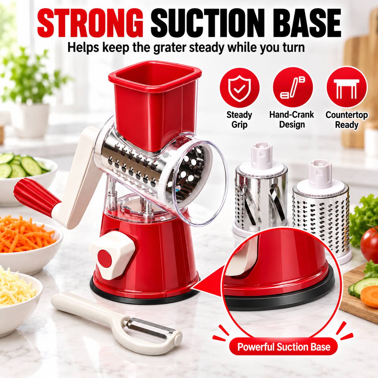 3 in 1 manual rotary grater hand crank cheese and vegetable slicer with 3pcs stainless steel drums suction base kitchen food prep tool Product details 4