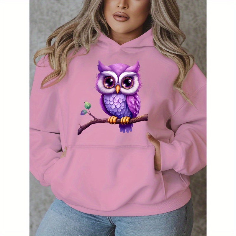 

Cozy Plus Size Owl Print Hoodie For Women - Casual Long Sleeve Pullover With Pockets, Fall & Winter, Multi Color, Sweatshirt, Tops And Clothing