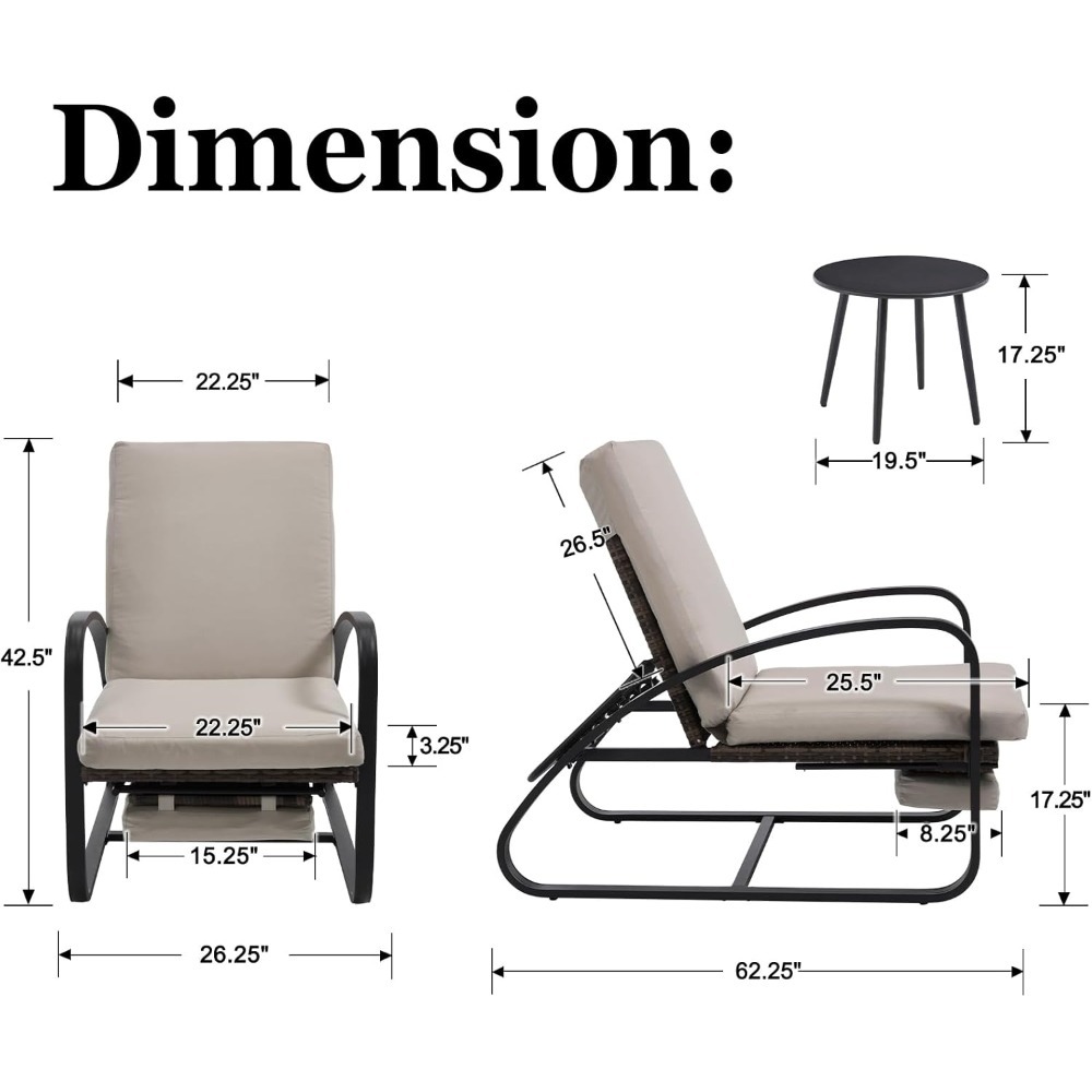 Set with Table Patio Chaise Lounge Chairs, Patio Recliner Chair, Outdoor Furniture Set 5-Position Adjustable, Outdoor, Bench for Deck, Lawn, Garden