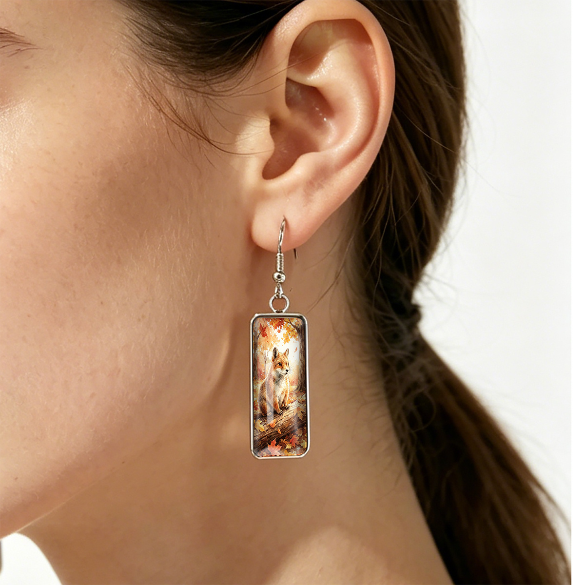 Red Fox Crouching Rectangular Earrings, Stainless Steel