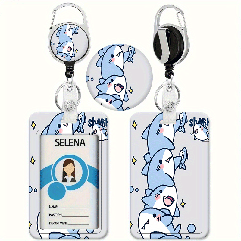 TEMU Cute Shark-themed Light Holder With A Printed Design Featuring 'shark'. It Includes A Retractable Badge Reel For Id And Credit Cards, Suitable