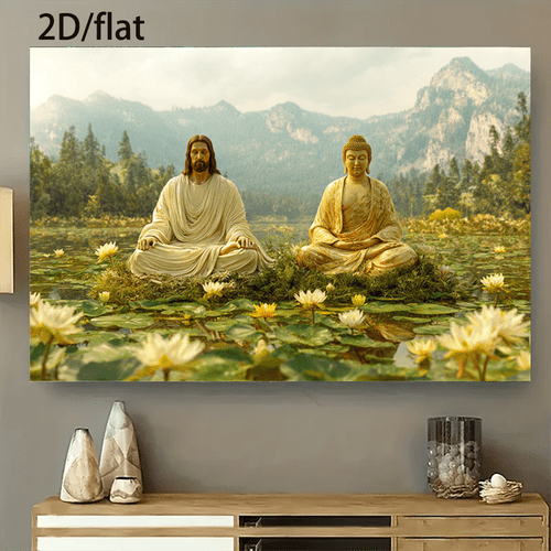 2d flat 2d flat 1pc 2d plane 47 24 31 49 inches 120 80 cm jesus and sitting meditating in a beautiful natural environment with blooming lotus flowers on a large unframed decorative canvas poster