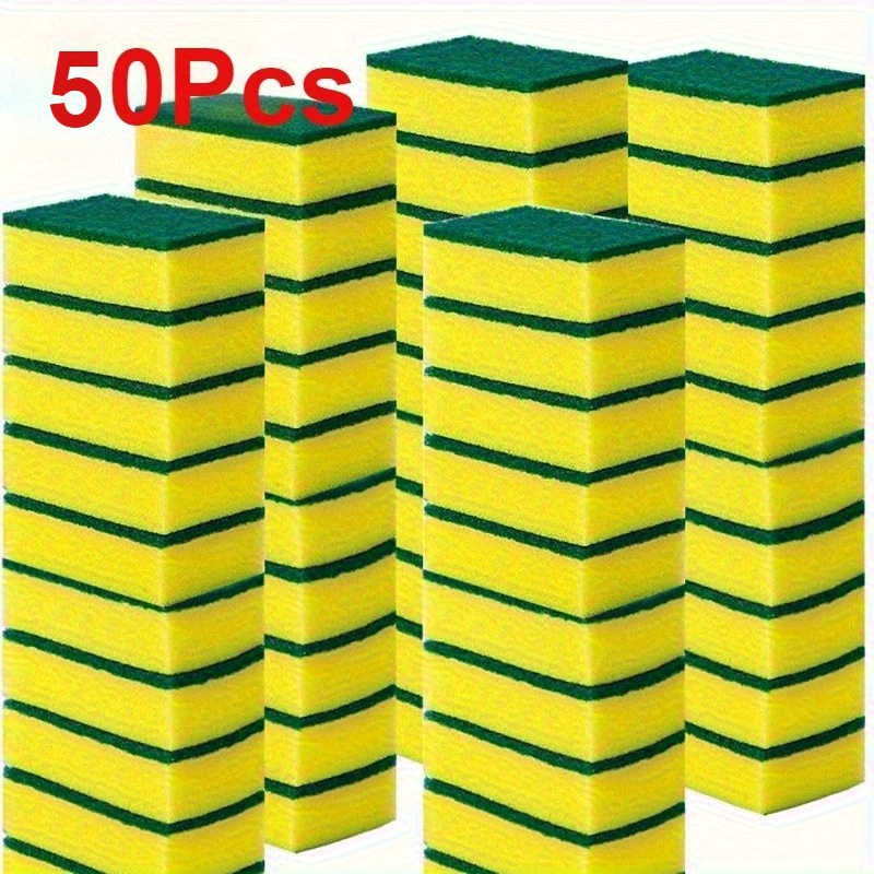50pcs  -Purpose Kitchen Sponges - High Absorbency, Rust & Oil Removal, Double-Layer Design, Suitable for Dishes, Cookware,  