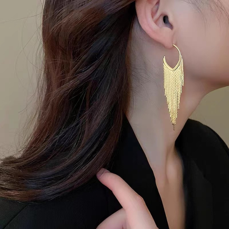 

Pair Of Fashionable And Simple Elegant Banquet Accessories Geometric Tassel Long Earrings For Women, Small Design Metal Ear Ornaments