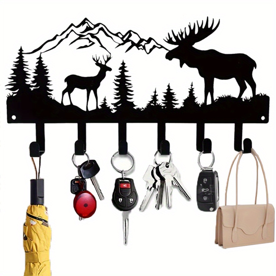 TEMU 1pc Crochet Mural Rustique en Métal Noir avec Élan et Montagne, Porte-clés Polyvalent pour Décoration Maison, Idéal pour Entrée, Cuisine, Salle