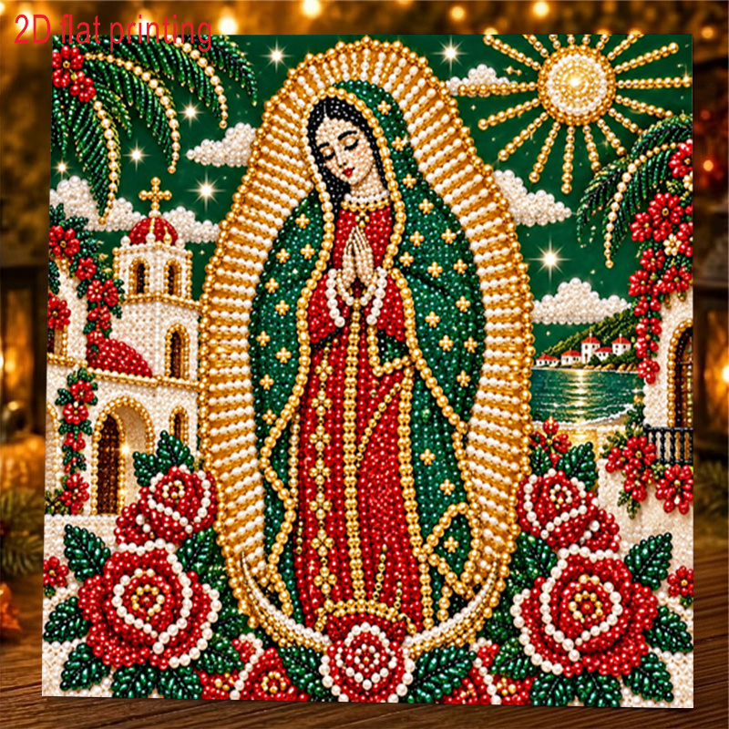 TEMU 1pc, 2d Flat Printing, Pearl Art Diamond Painting Set, Diamond-studded Processed Of Guadalupe Portrait, With Seaside Church Floral Decoration
