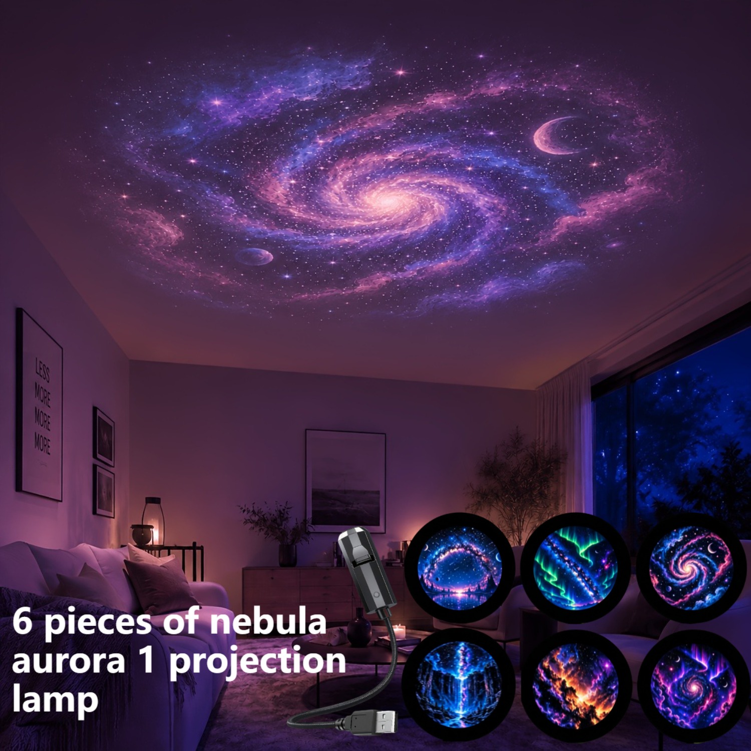 TEMU 6pcs Set Of Starry Sky Nebula And 1pc Projection Lamp, Starry Sky Nebula Light, 360° Rotation, Usb Powered, Suitable For Bedroom And Living Room
