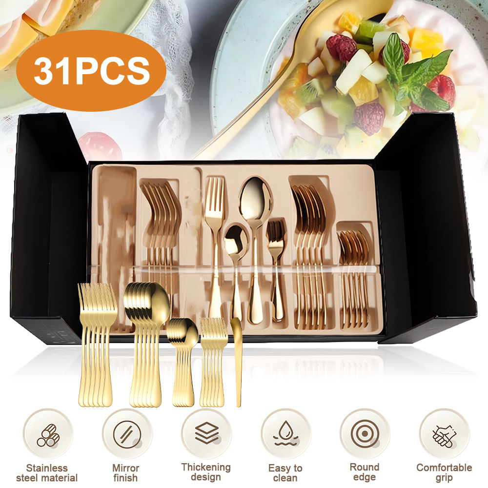 TEMU 31pcs/62pcs Golden Staninless Set, Golden Flatware, Food-grade Stainless Steel Cutlery Set, Tableware Eating Utensils With Gift Box For , Mirror