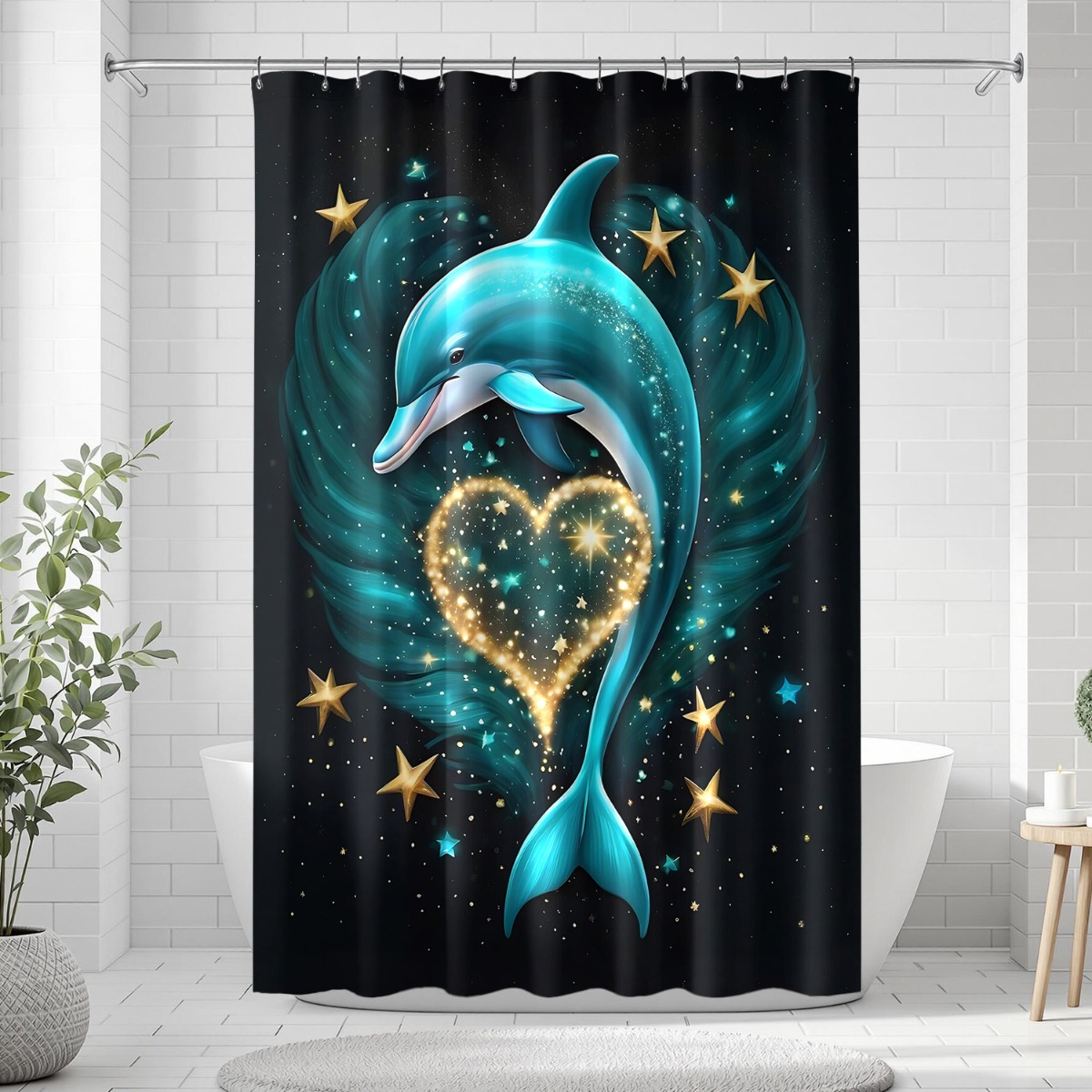 4pcs Dolphin Heart Pattern Shower Curtain Set with Hooks