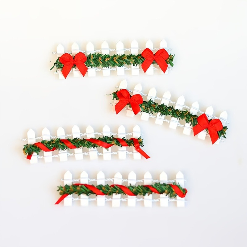 Image of 4pcs Miniature 1:12 Scale White Wooden Christmas Garden Fence Set - Picket Panels, & Holly Garland, Recycled Wood Rustic Decor For Dollhouses, Fairy Gardens & Miniature Holiday Scenes