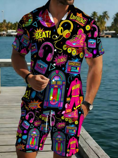 mens short sleeve shirt and pants set featuring a neon theme made from lightweight polyester with a bright and colorful print ideal for casual wear or parties summer and outdoor activities