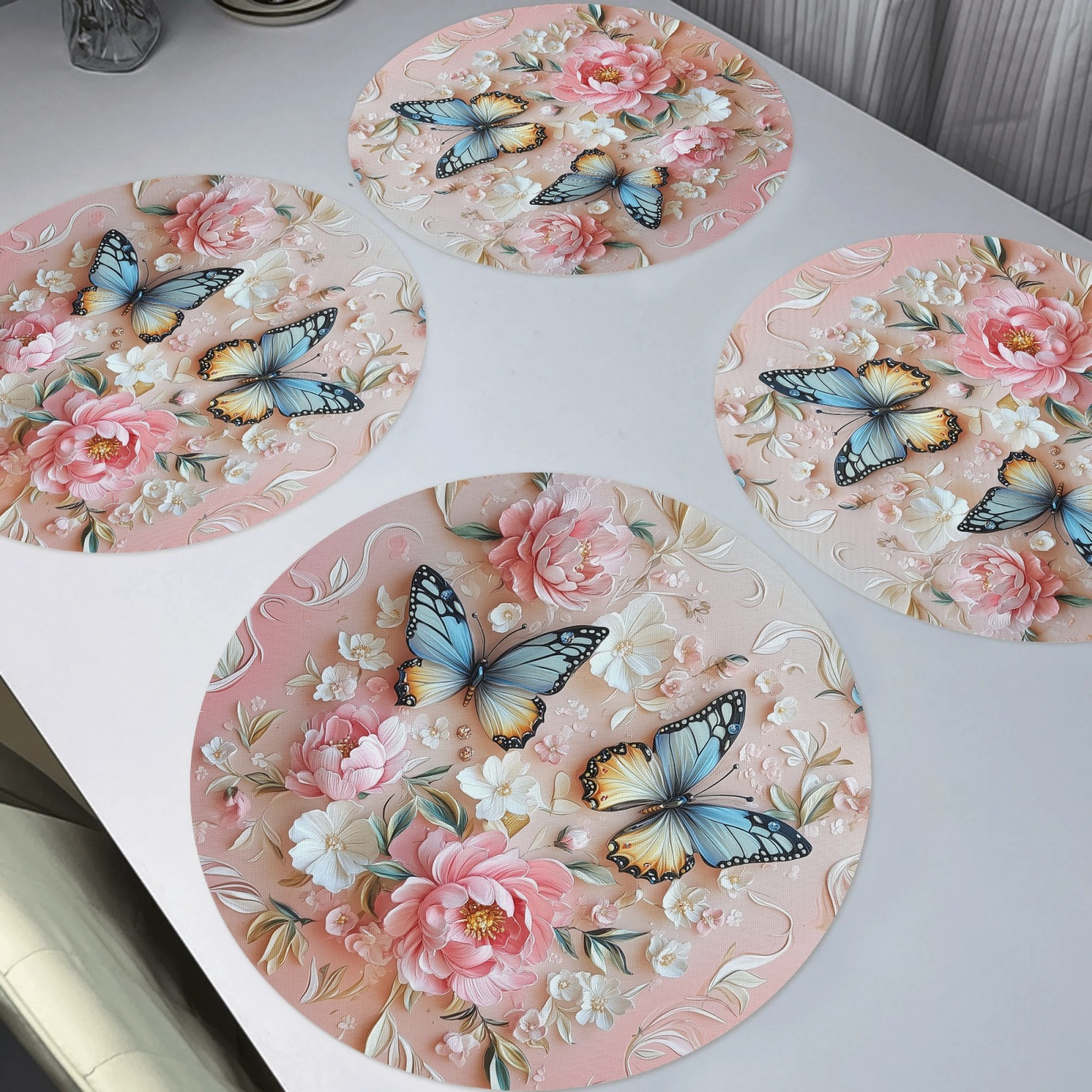 

4pcs Spring Placemats Round 3d Roses & Butterflies Place Mat Non-slip Washable Place Mats Gift For Daily Banquet Party Dining Table Decoration