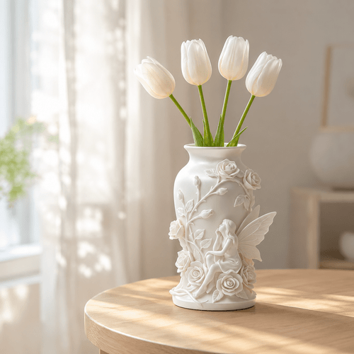 item picture white 3d printed fairy flower vase romantic rose floral vase with winged fairy relief for tulips artificial flowers and decorative arrangements elegant tabletop centerpiece for living room bedroom entryway wedding and home decor gift gardening