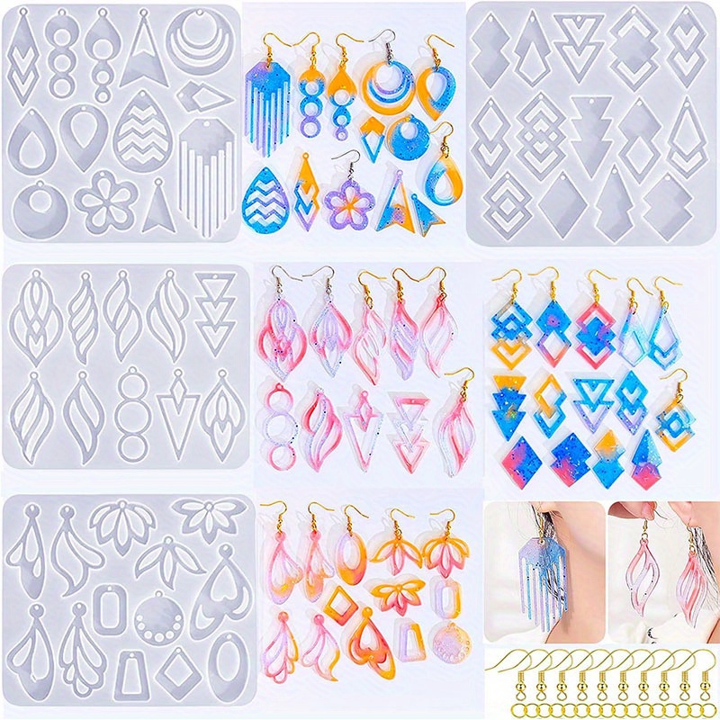 TEMU Kit Of 104 Geometric Resin Earring Molds, Featuring Silicone Molds For Irregular Shaped Dangle Drop Jewelry, Complete With 100 Earring Hooks For
