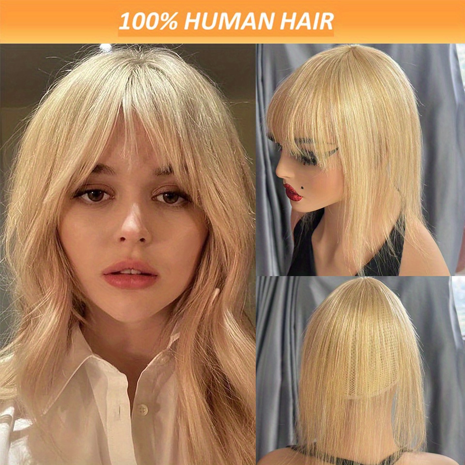 100 human hair clip in toppers with bangs t part straight hair extensions 12p613   bleach blonde for thin hair daily use special occasions elegant style for women of all   versatile hairpiece secure clip attachments details 0