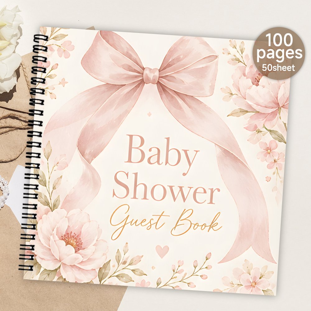 TEMU 1pc Spiral Guestbook, Baby Shower Guest Book Floral Bow Blank Page Guest Sign In Book Souvenir Memory Album Meaningful Gift For Her Or Him