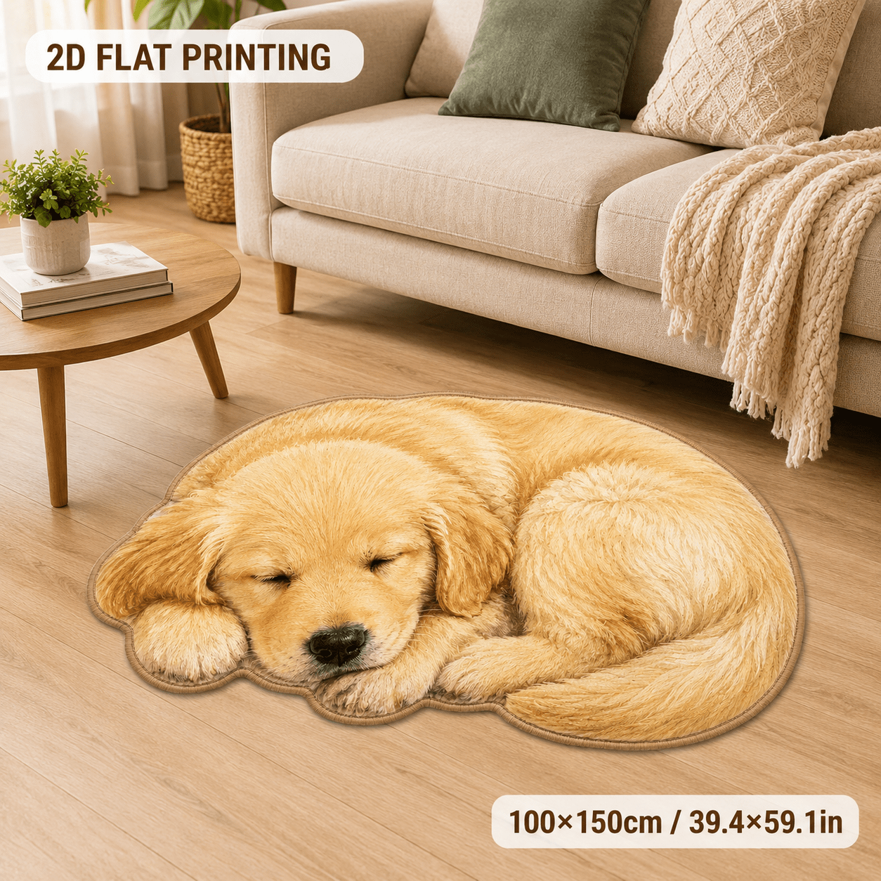 TEMU 1pc 850gsm 7mm Thick Velvet 2d Flat Printed Sleeping Golden Retriever Shaped Rug Non Slip Decorative Floor Mat Machine Washable For Bedroom