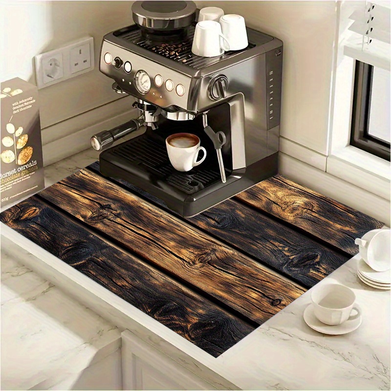 TEMU 1pc Dish Drying Mat, Home Minimalist Vintage Wood Plank Design Pattern Absorbent Kitchen Drain Mat, Coffee Cup And Dish Drying Mat, Bathroom