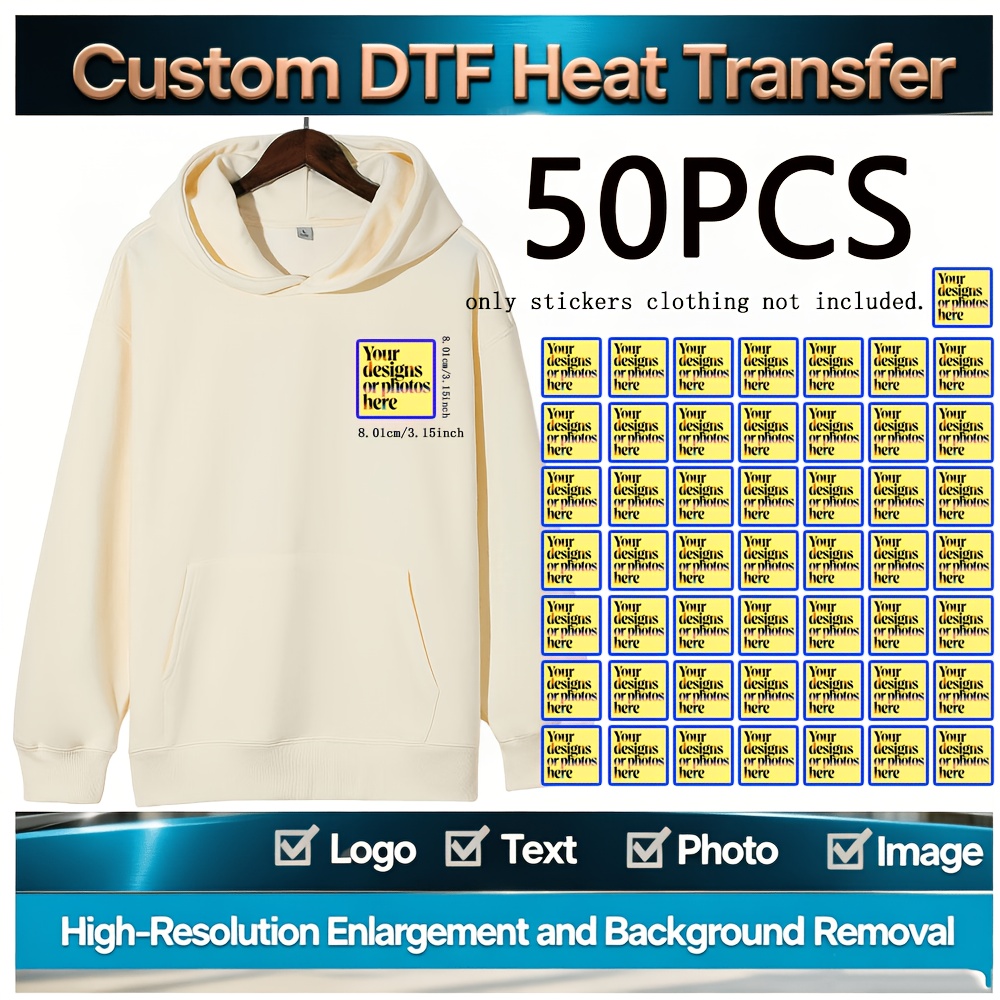 TEMU 50pcs Dtf Custom Heat Transfer Personalized Customer T-shirt Sleeve Logo Decals Clothing, Diy Decoration Heat Transfer Stickers Dtf Transfer