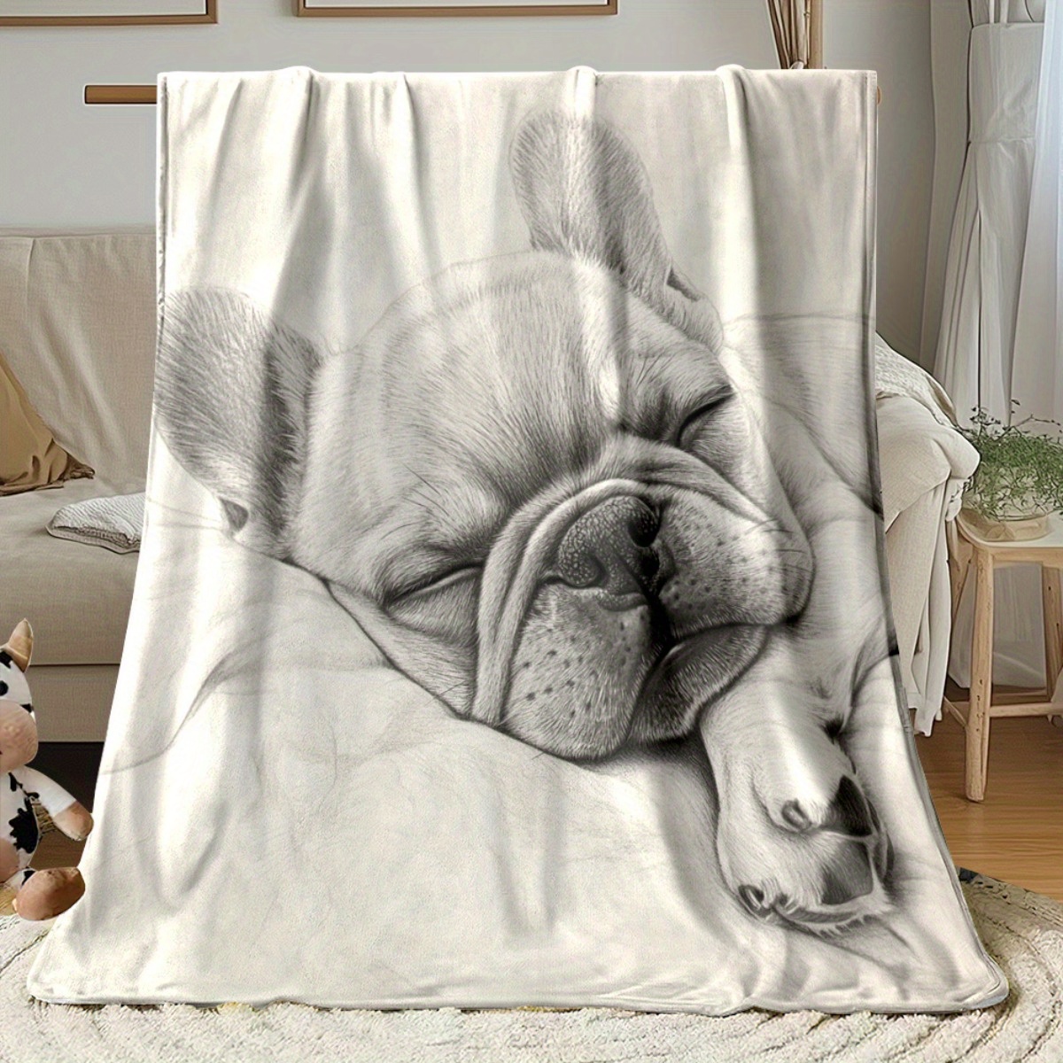 TEMU 1pc Couverture d'extérieur imprimée Chien - en flanelle légère pour canapé, voyage, salon, bureau, chaise et lit - Couverture imprimée numérique