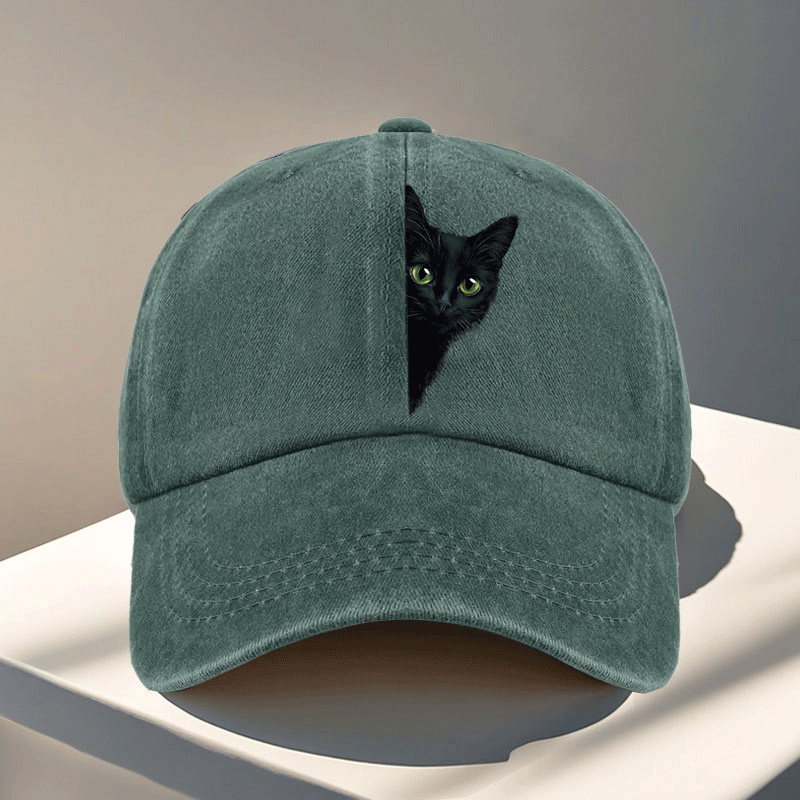 TEMU Peeking Black Cat Printed Baseball Cap, Animal-themed Cap, Outdoor Stylish Baseball Hat, Travel Accessory, Adjustable, Hand Washable