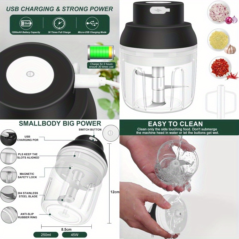 1-touch electric garlic chopper with usb-powered motor & 8.45oz large cup - 45w powerful mini food processor, safety lock, 304 blade & bpa-free pp bowl, compact portable design with ergonomic handle &   operation for garlic, onion, ginger, chili, meat, nuts, vegetables - ideal for small kitchens, camping, picnic, bbq (usb-powered, 3-hour charge) - Product details 0
