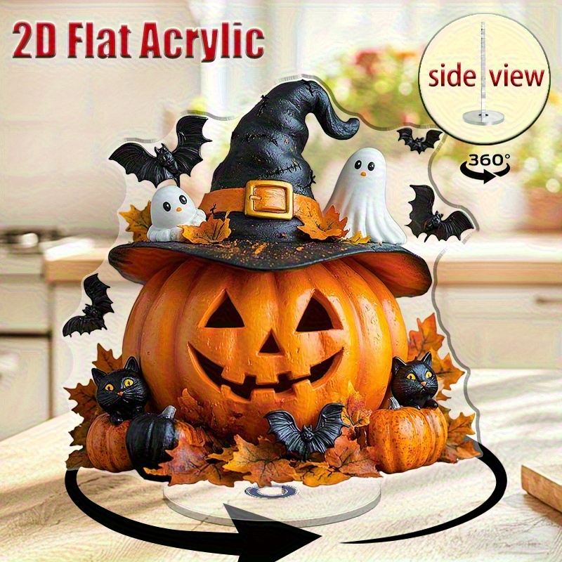 TEMU 2d Printed Acrylic Rotating Pumpkin Tabletop Ornament With 's Hat - Horror-themed Party, Home Or Gift Decoration, Suitable For Display On Desks,