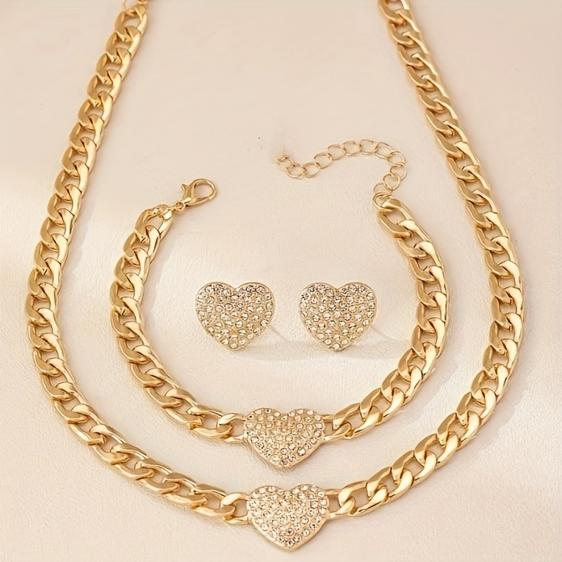 TEMU 304 Stainless Steel 4pcs Heart-shaped Jewelry Set: Necklace, Earrings, And Bracelet With Inlaid Synthetic Synthetic Zirconia Accents, Suitable