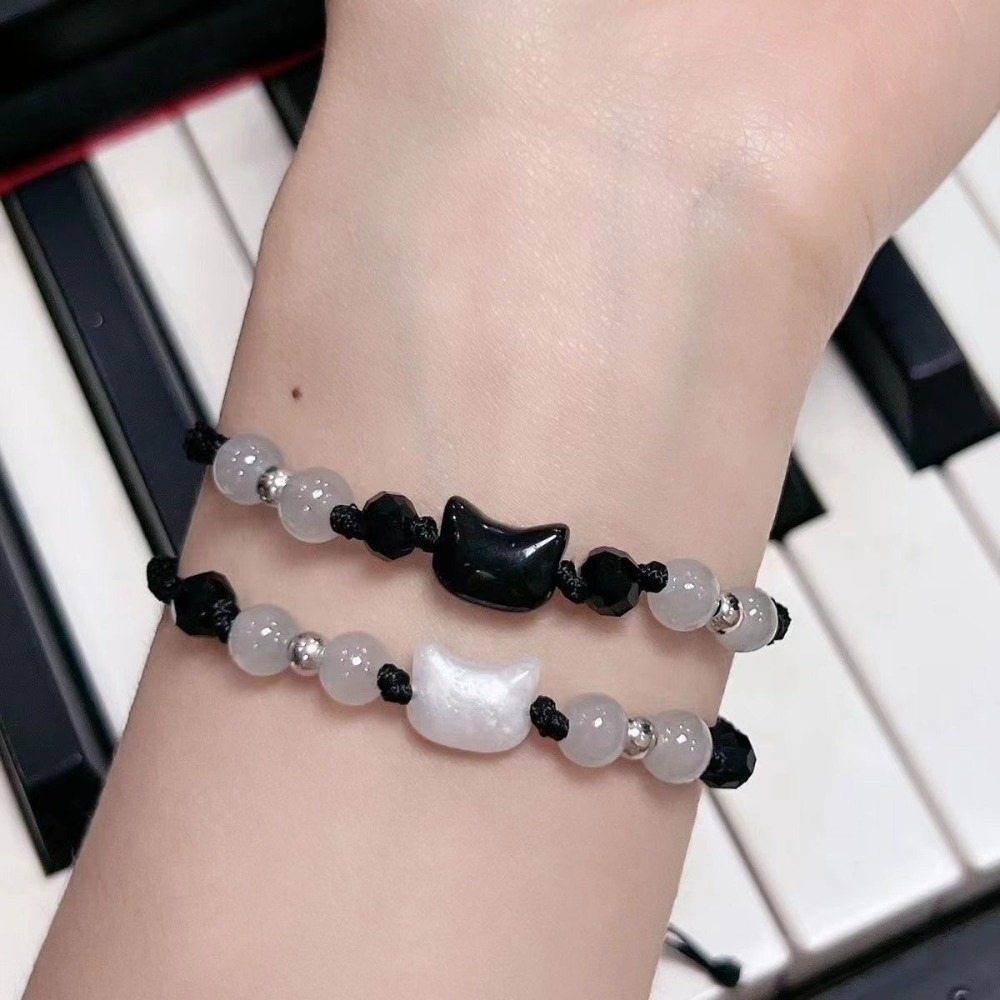 Cute Couple Bracelet with Minimalist Moonstone and Obsidian Design