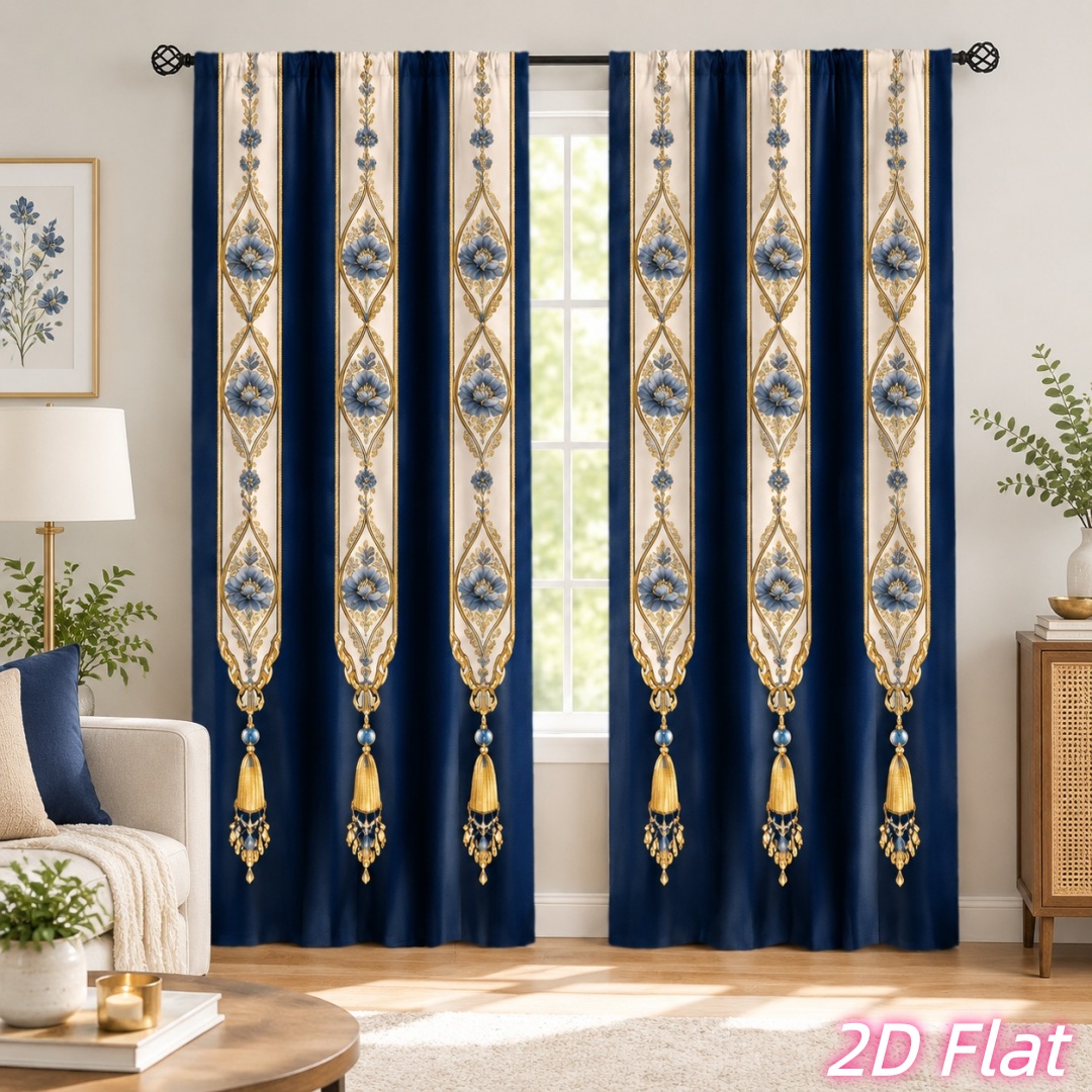 Image of 2d Flat, 2d Flat Printing 2pcs Elegant Blue Floral Damask Curtains, Ornate Tassel Design Sunshade, For Living Room Bedroom Dining Home Window Decor Vintage European Style, Light Filtering, , 2d Flat